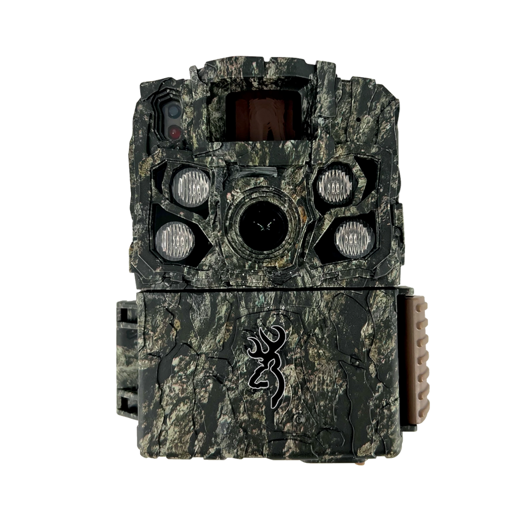 Front view of a Browning Strike Force FHDR trail camera, featuring a compact, camouflage design with a central lens, LED flash array, and the Browning logo prominently displayed.