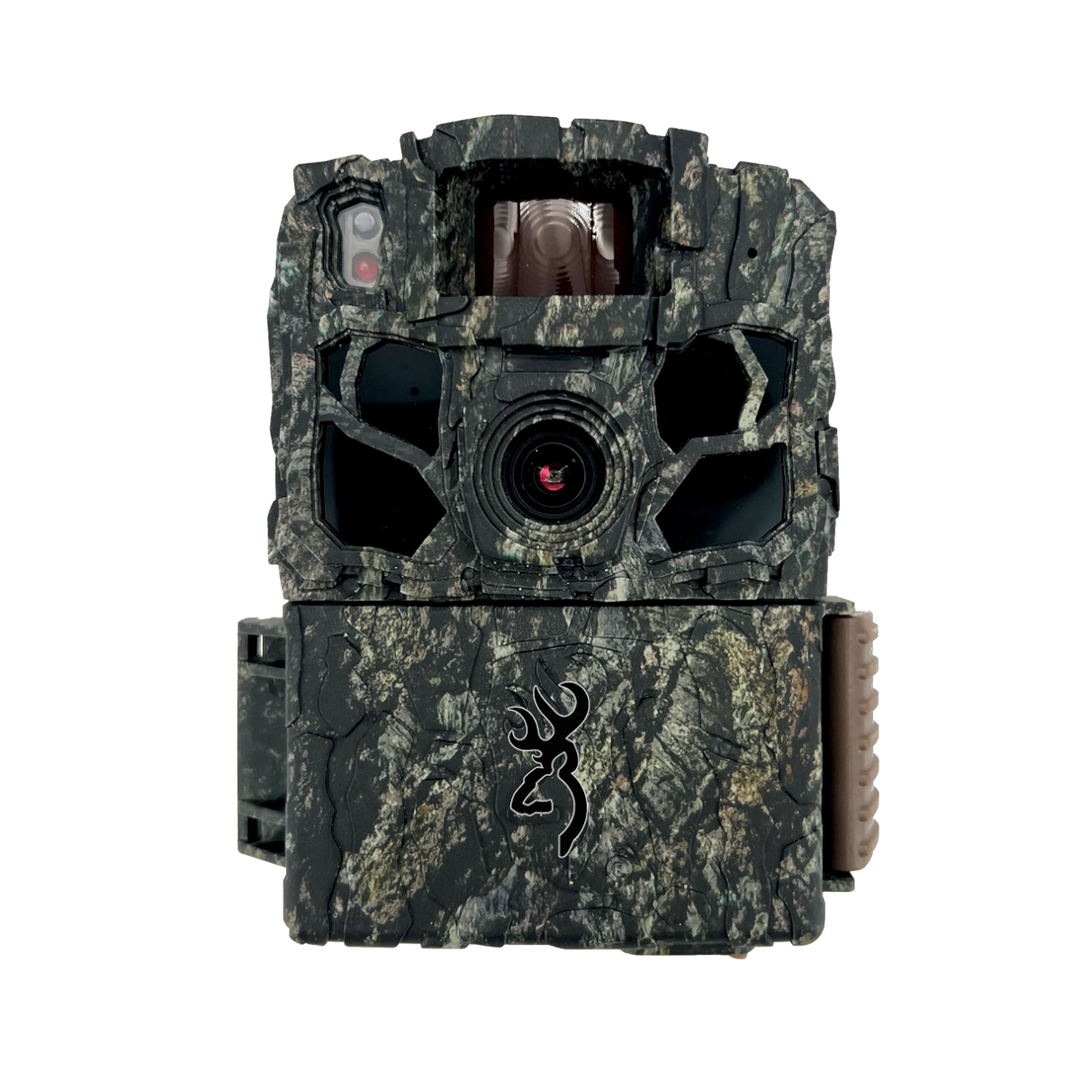 This image shows the Dark Ops 5FHDR trail camera with its front panel closed. It features a rugged camouflage design, a central lens, no-glow LEDs, and the Browning logo on the front, ideal for stealthy outdoor use.